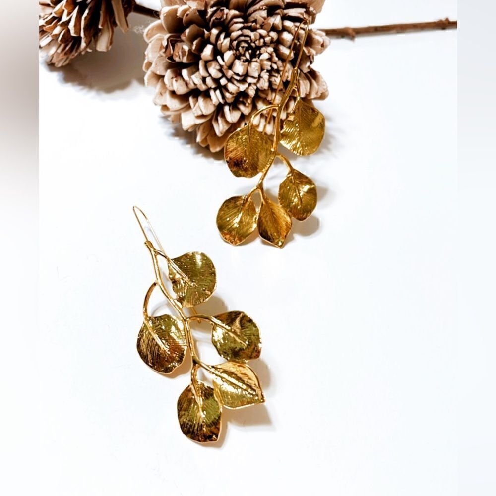 Gold leaf dangle earrings M34 - Picture 2 of 6